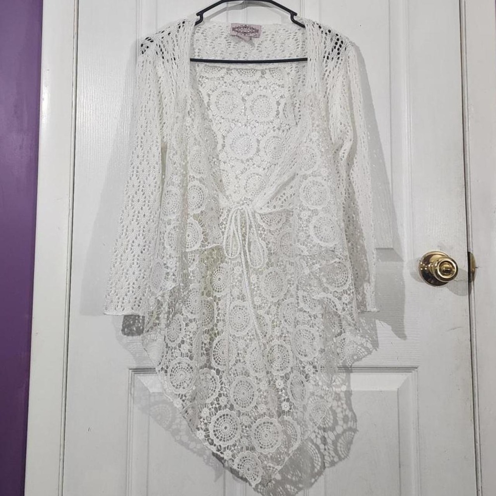 White Crochet Kimono Tie Front Cardigan